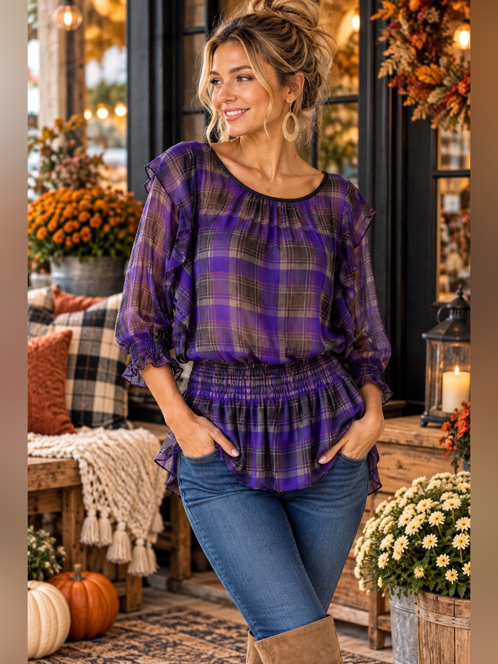 Candie’s Purple Plaid Sheer Ruffle Blouse Smocked Waist Top Size M